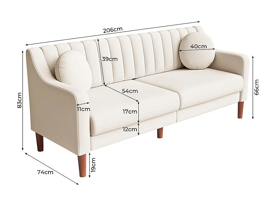 Canapé 3 places en velours - pieds en bois massif 19cm - avec 2 Coussins - 206x74x83cm - Beige