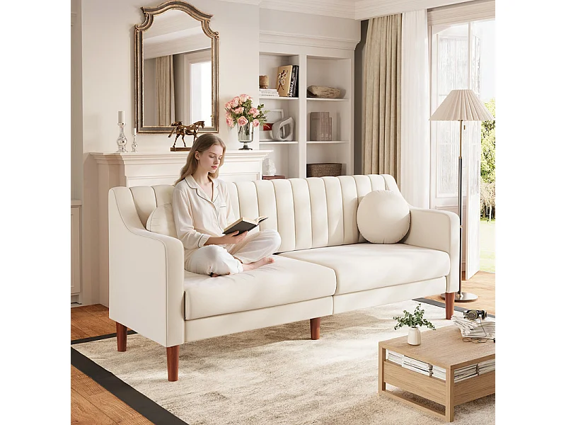 Canapé 3 places en velours - pieds en bois massif 19cm - avec 2 Coussins - 206x74x83cm - Beige