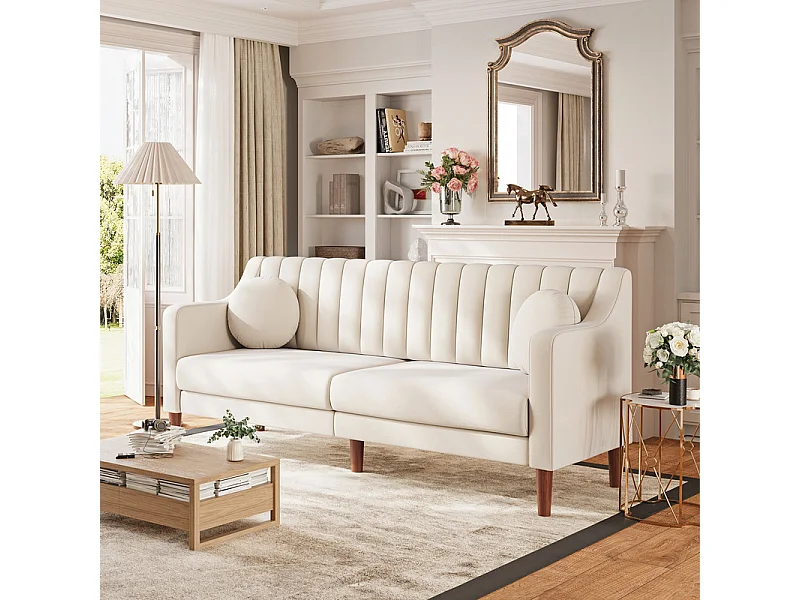 Canapé 3 places en velours - pieds en bois massif 19cm - avec 2 Coussins - 206x74x83cm - Beige