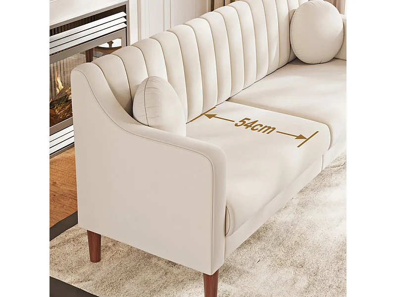 Canapé 3 places en velours - pieds en bois massif 19cm - avec 2 Coussins - 206x74x83cm - Beige