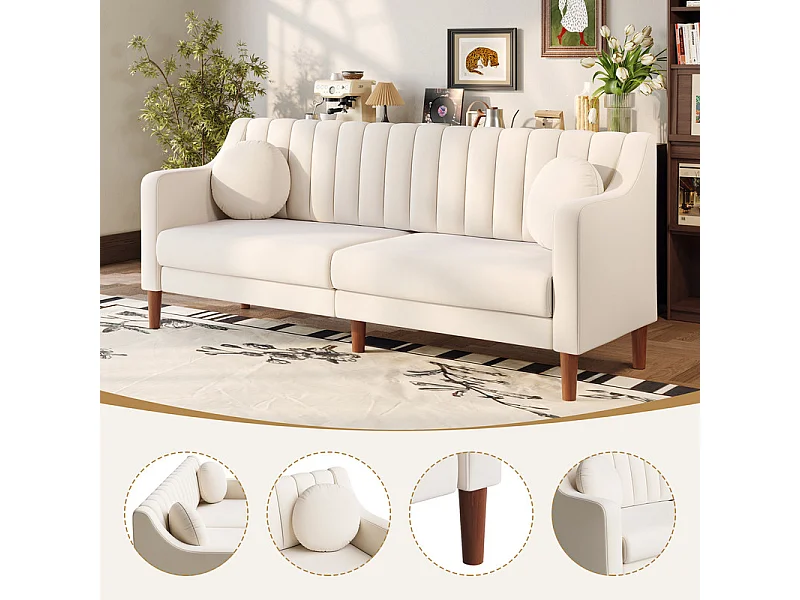 Canapé 3 places en velours - pieds en bois massif 19cm - avec 2 Coussins - 206x74x83cm - Beige