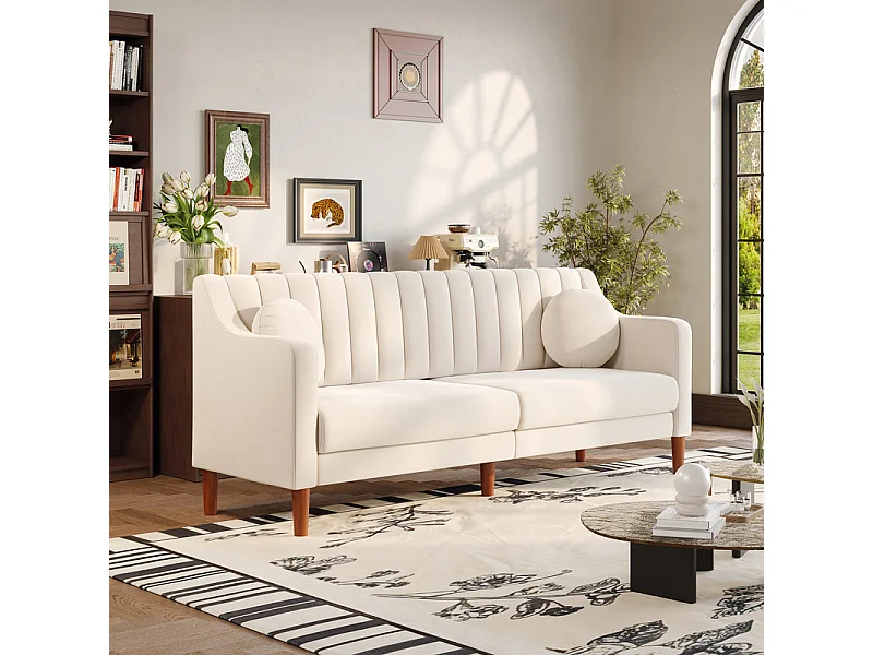 Canapé 3 places en velours - pieds en bois massif 19cm - avec 2 Coussins - 206x74x83cm - Beige