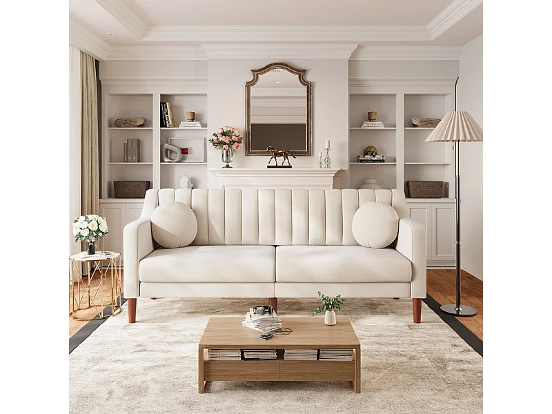 Canapé 3 places en velours - pieds en bois massif 19cm - avec 2 Coussins - 206x74x83cm - Beige