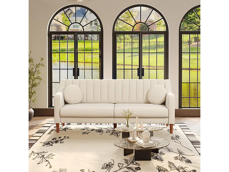 Canapé 3 places en velours - pieds en bois massif 19cm - avec 2 Coussins - 206x74x83cm - Beige