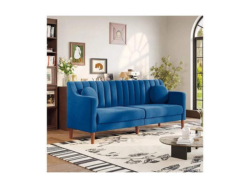 Sofá 3 plazas de terciopelo - patas de madera maciza 19cm - con 2 cojines - 206x74x83cm - Azul