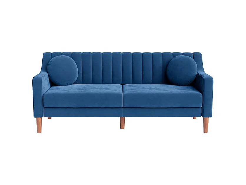 Sofá 3 plazas de terciopelo - patas de madera maciza 19cm - con 2 cojines - 206x74x83cm - Azul