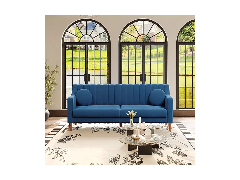 Sofá 3 plazas de terciopelo - patas de madera maciza 19cm - con 2 cojines - 206x74x83cm - Azul