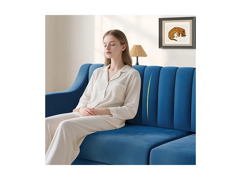 Canapé 3 places en velours - pieds en bois massif 19cm - avec 2 Coussins - 206x74x83cm - Bleu