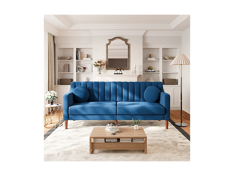 Canapé 3 places en velours - pieds en bois massif 19cm - avec 2 Coussins - 206x74x83cm - Bleu