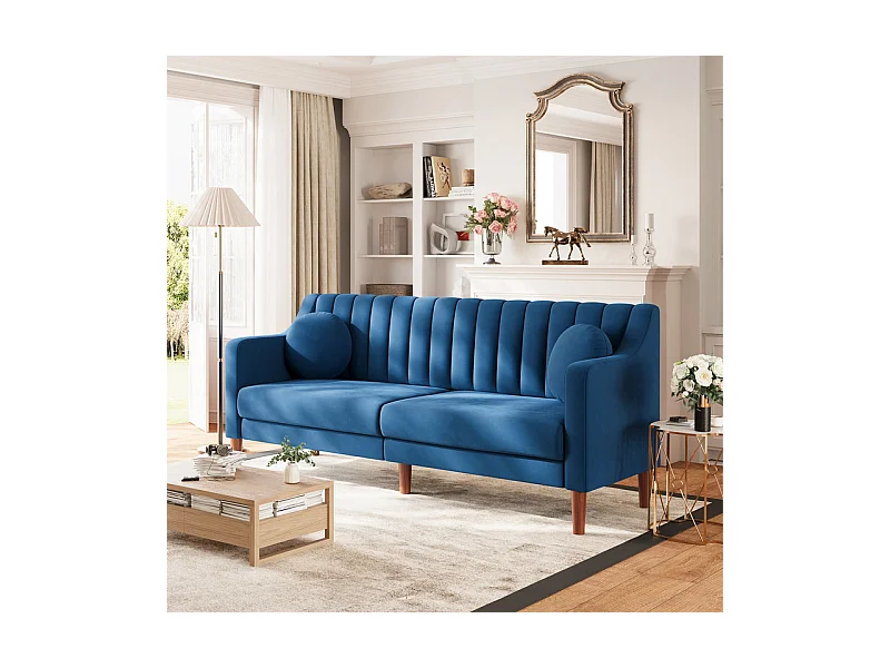 Canapé 3 places en velours - pieds en bois massif 19cm - avec 2 Coussins - 206x74x83cm - Bleu