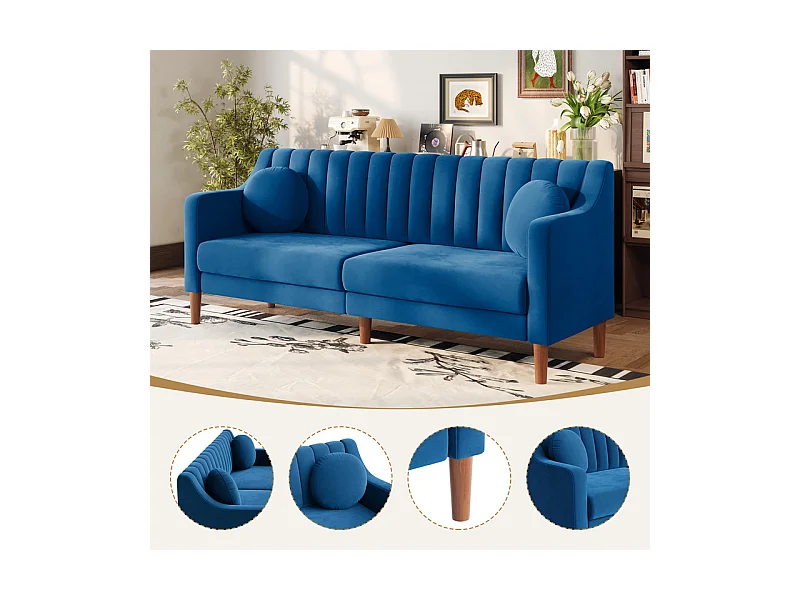 Canapé 3 places en velours - pieds en bois massif 19cm - avec 2 Coussins - 206x74x83cm - Bleu