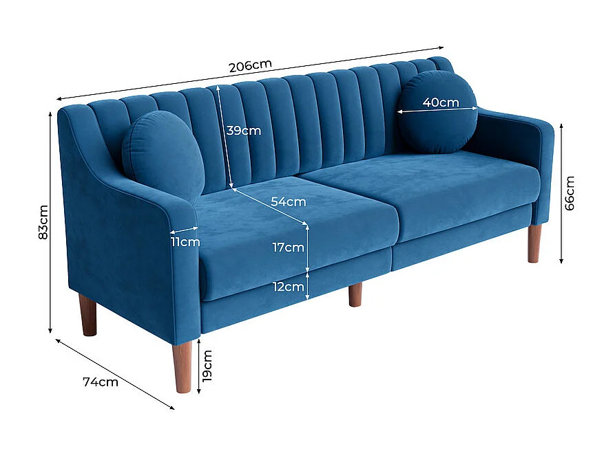 Canapé 3 places en velours - pieds en bois massif 19cm - avec 2 Coussins - 206x74x83cm - Bleu