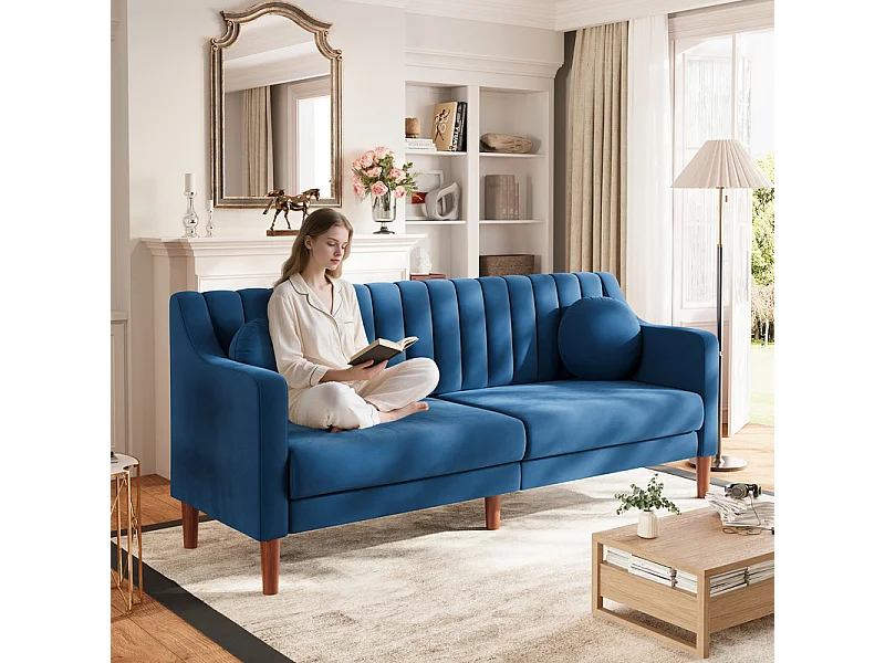 Canapé 3 places en velours - pieds en bois massif 19cm - avec 2 Coussins - 206x74x83cm - Bleu