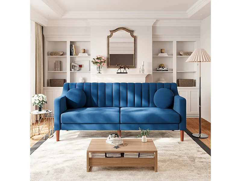 Canapé 3 places en velours - pieds en bois massif 19cm - avec 2 Coussins - 206x74x83cm - Bleu