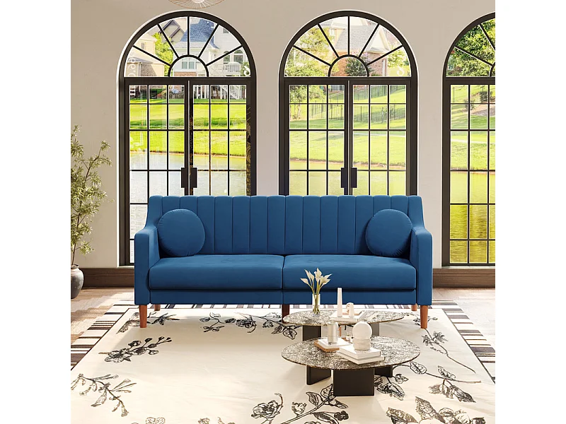 Canapé 3 places en velours - pieds en bois massif 19cm - avec 2 Coussins - 206x74x83cm - Bleu