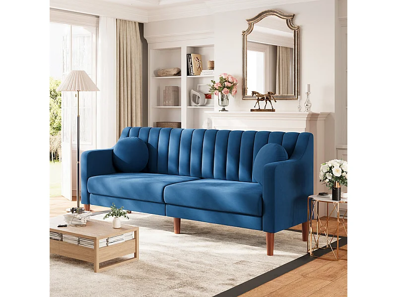 Canapé 3 places en velours - pieds en bois massif 19cm - avec 2 Coussins - 206x74x83cm - Bleu