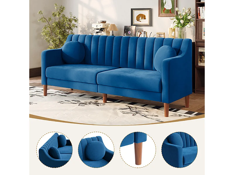 Canapé 3 places en velours - pieds en bois massif 19cm - avec 2 Coussins - 206x74x83cm - Bleu