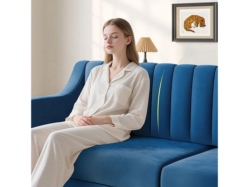 Canapé 3 places en velours - pieds en bois massif 19cm - avec 2 Coussins - 206x74x83cm - Bleu