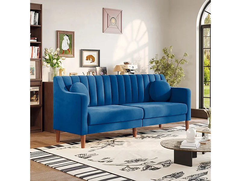 Canapé 3 places en velours - pieds en bois massif 19cm - avec 2 Coussins - 206x74x83cm - Bleu
