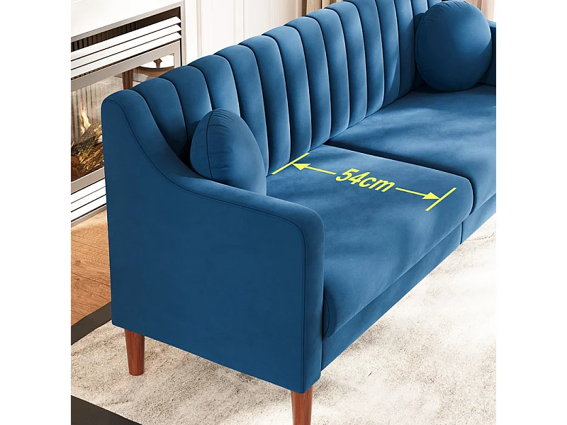 Canapé 3 places en velours - pieds en bois massif 19cm - avec 2 Coussins - 206x74x83cm - Bleu