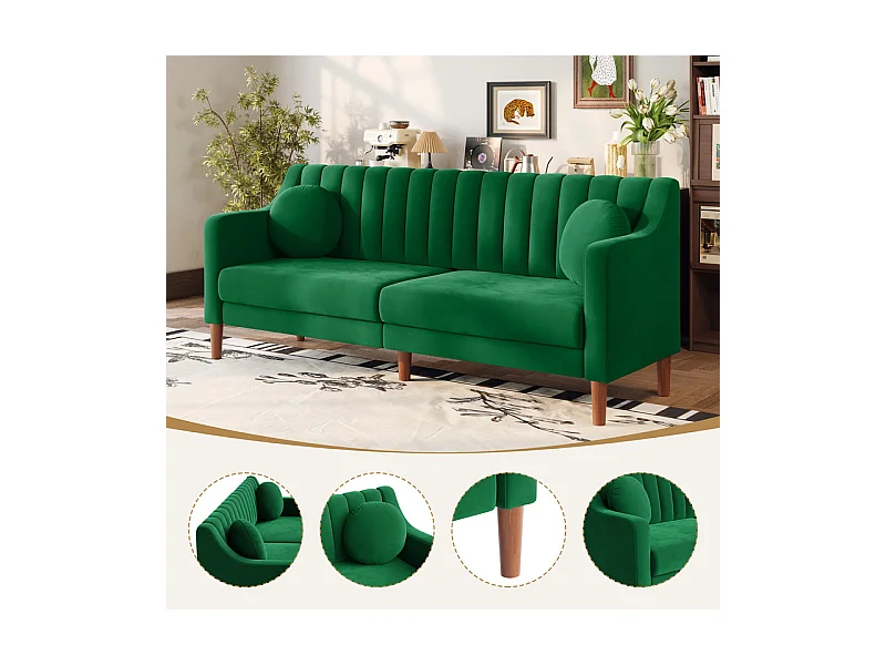 3-zits bank van fluweel - massief houten poten 19cm - met 2 kussens - 206x74x83cm - Groen