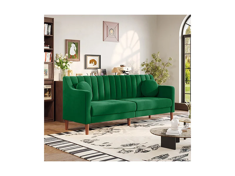 3-zits bank van fluweel - massief houten poten 19cm - met 2 kussens - 206x74x83cm - Groen