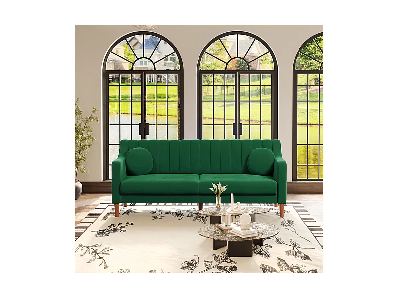 Canapé 3 places en velours - pieds en bois massif 19cm - avec 2 Coussins - 206x74x83cm - Vert