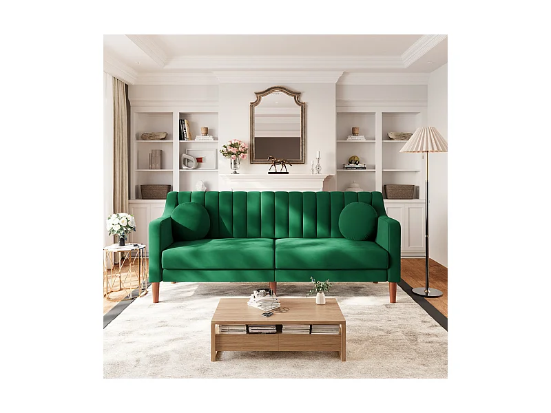 Canapé 3 places en velours - pieds en bois massif 19cm - avec 2 Coussins - 206x74x83cm - Vert