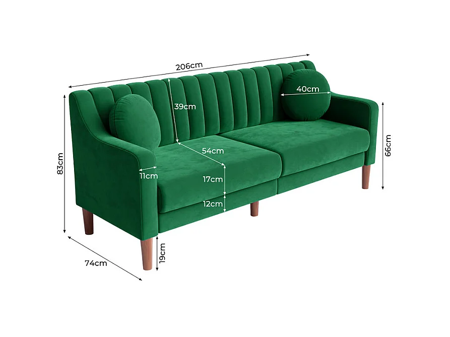 Canapé 3 places en velours - pieds en bois massif 19cm - avec 2 Coussins - 206x74x83cm - Vert