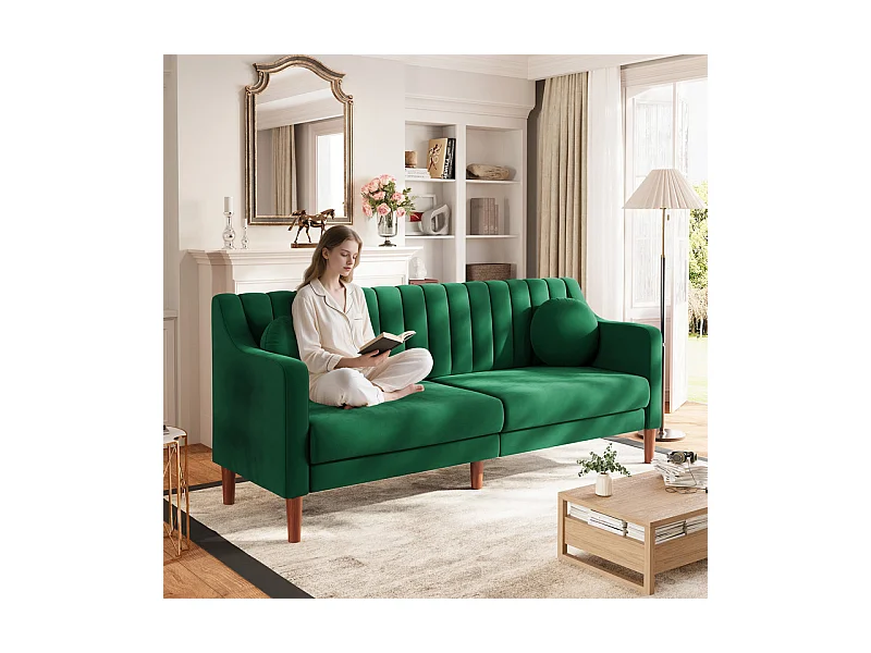 Canapé 3 places en velours - pieds en bois massif 19cm - avec 2 Coussins - 206x74x83cm - Vert