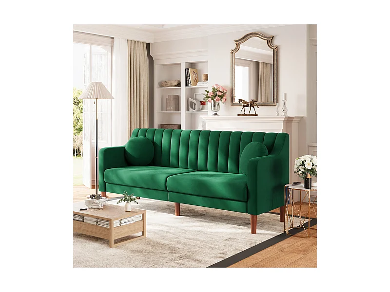 Canapé 3 places en velours - pieds en bois massif 19cm - avec 2 Coussins - 206x74x83cm - Vert