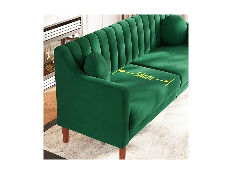 Canapé 3 places en velours - pieds en bois massif 19cm - avec 2 Coussins - 206x74x83cm - Vert