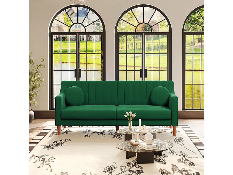 Canapé 3 places en velours - pieds en bois massif 19cm - avec 2 Coussins - 206x74x83cm - Vert