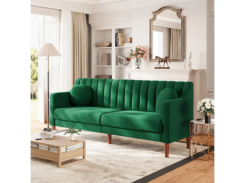 Canapé 3 places en velours - pieds en bois massif 19cm - avec 2 Coussins - 206x74x83cm - Vert