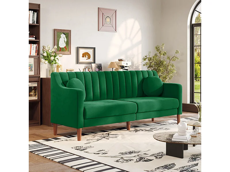 Canapé 3 places en velours - pieds en bois massif 19cm - avec 2 Coussins - 206x74x83cm - Vert