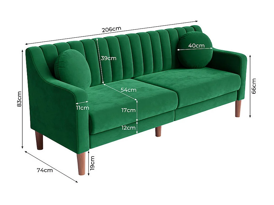 Canapé 3 places en velours - pieds en bois massif 19cm - avec 2 Coussins - 206x74x83cm - Vert