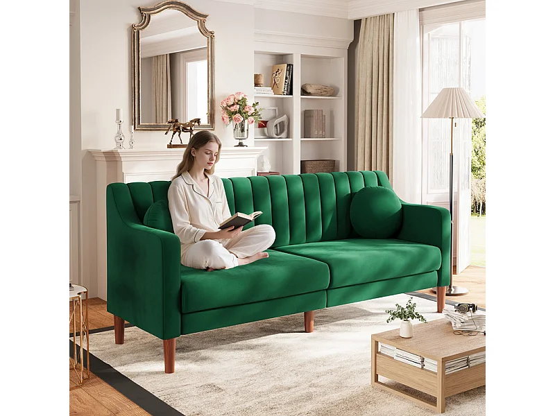 Canapé 3 places en velours - pieds en bois massif 19cm - avec 2 Coussins - 206x74x83cm - Vert