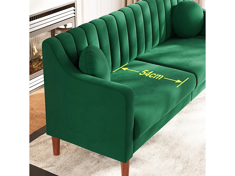 Canapé 3 places en velours - pieds en bois massif 19cm - avec 2 Coussins - 206x74x83cm - Vert