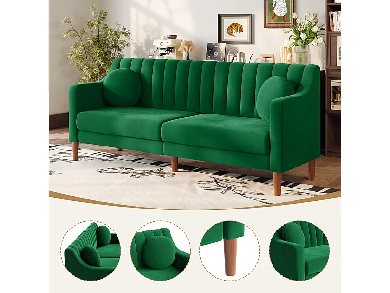 Canapé 3 places en velours - pieds en bois massif 19cm - avec 2 Coussins - 206x74x83cm - Vert