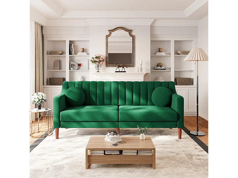 Canapé 3 places en velours - pieds en bois massif 19cm - avec 2 Coussins - 206x74x83cm - Vert