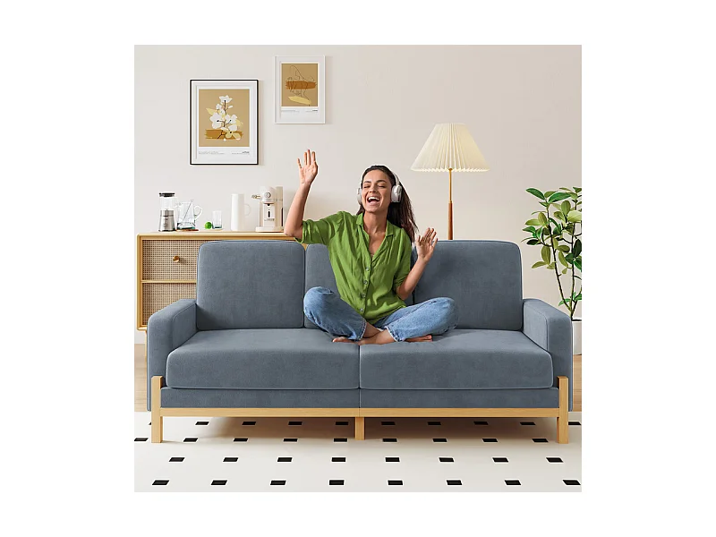 Sofá 3 lugares - estrutura de madeira maciça - tecido de pelúcia - 220x80x88cm - Cinza
