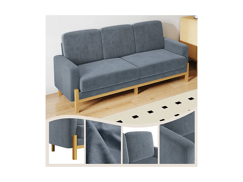 Canapé 3 places - cadre en bois massif - en tissu chenille - 220x80x88cm - Gris