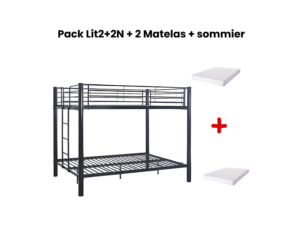 Pack Lit superposé en métal noir + matelas compris 4 places 2+2 COLOSSE 140x190 cm sommier inclus