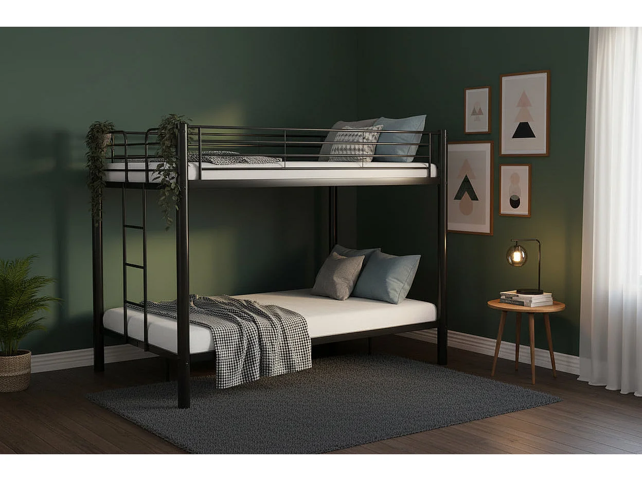 Pack Lit superposé en métal noir + matelas compris 4 places 140x190 cm sommier inclus COLOSSE