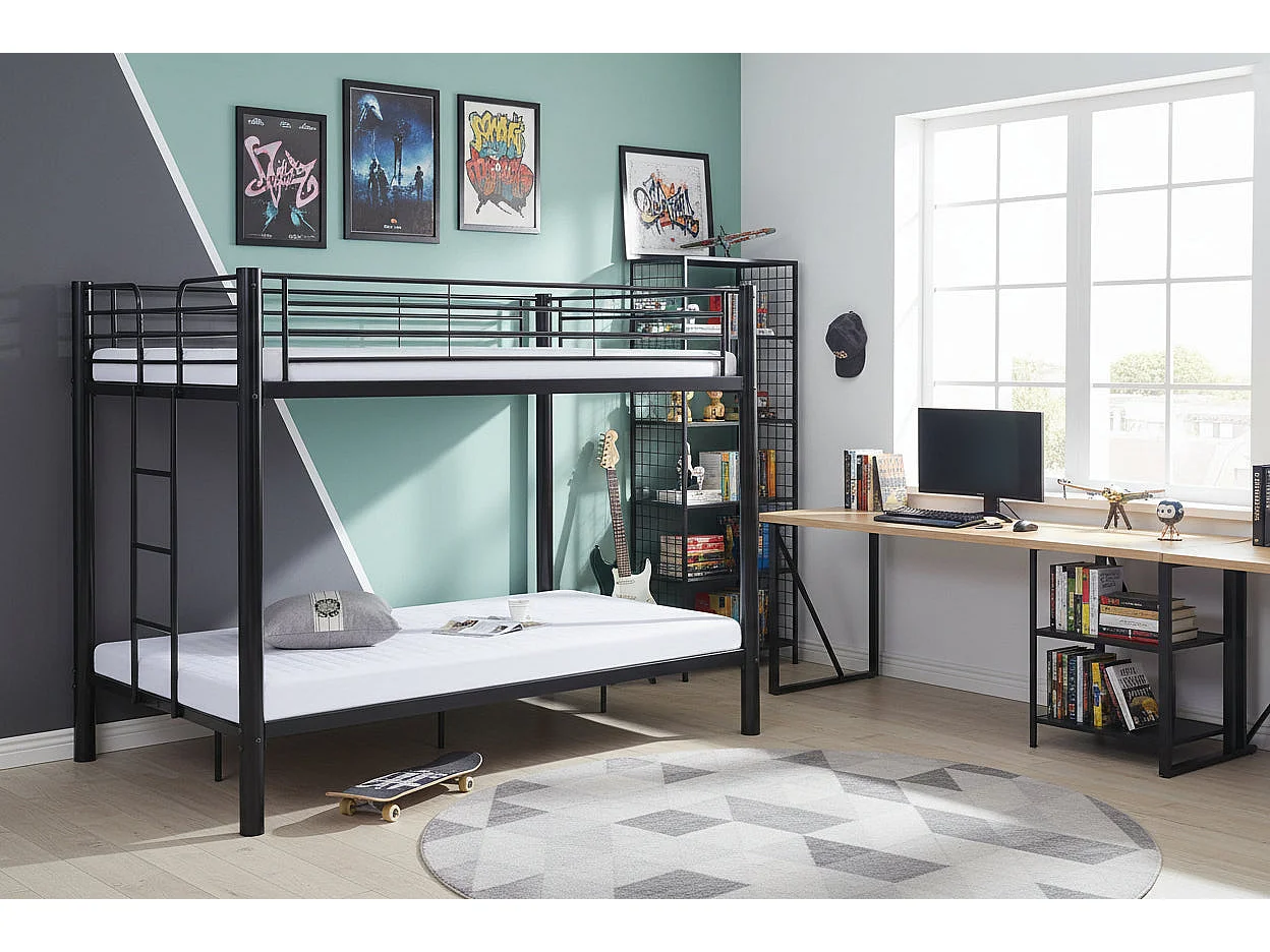 Pack Lit superposé en métal noir + matelas compris 4 places 140x190 cm sommier inclus COLOSSE