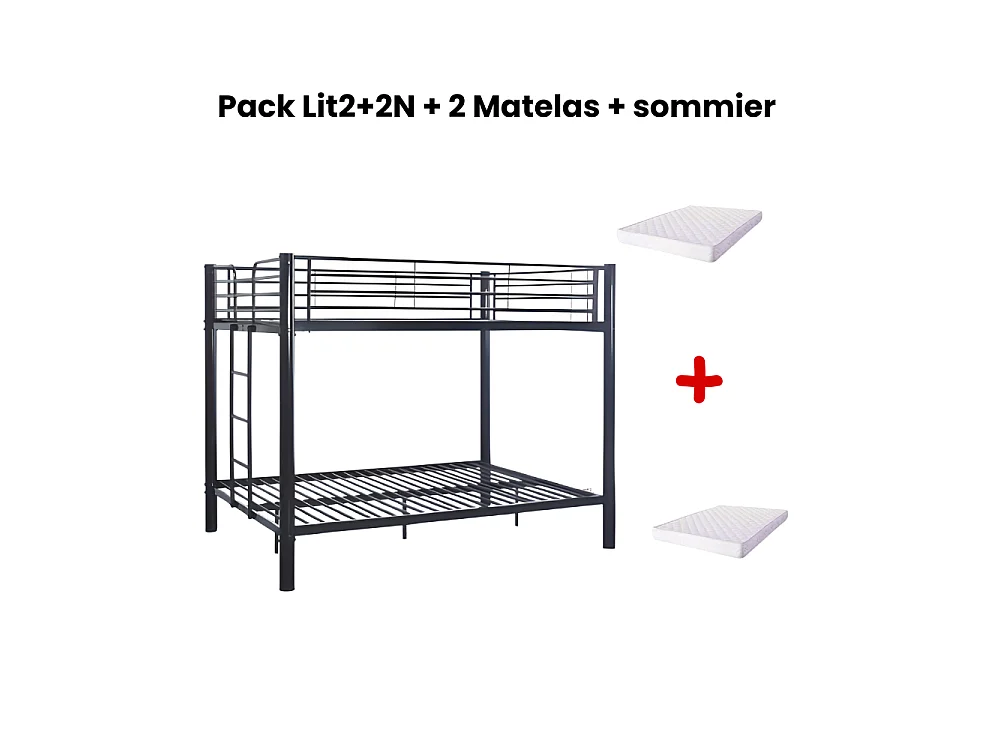 Pack Lit superposé en métal noir + matelas compris 4 places 140x190 cm sommier inclus COLOSSE