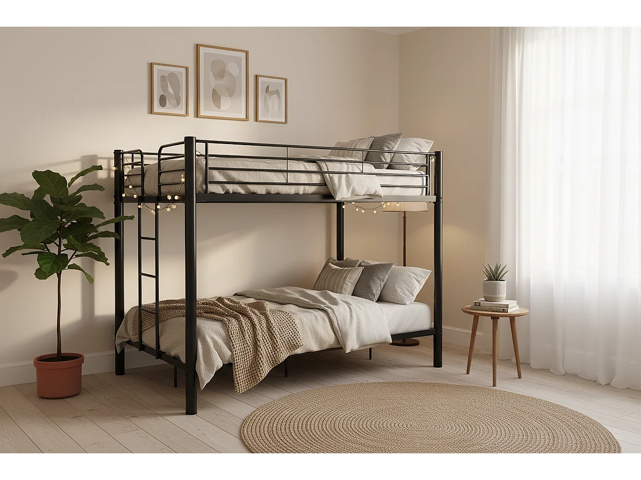 Pack Lit superposé en métal noir + matelas compris 4 places 140x190 cm sommier inclus COLOSSE