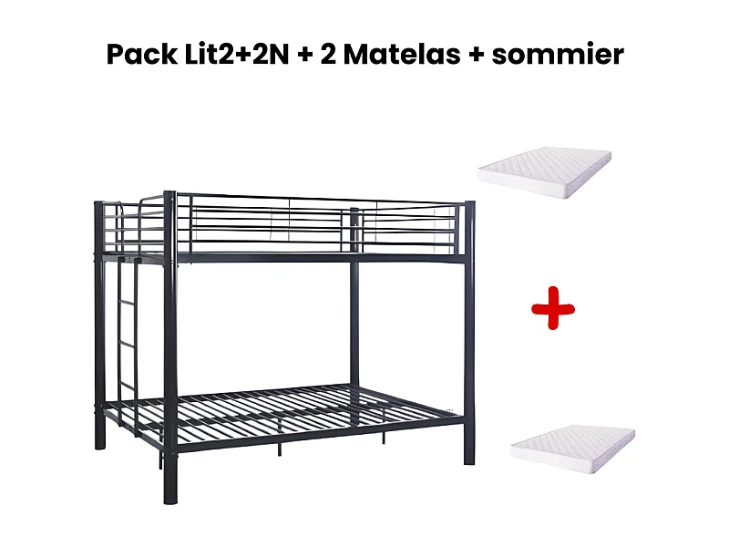 Pack Lit superposé en métal noir + matelas compris 4 places 2+2 COLOSSE 140x190 cm sommier inclus