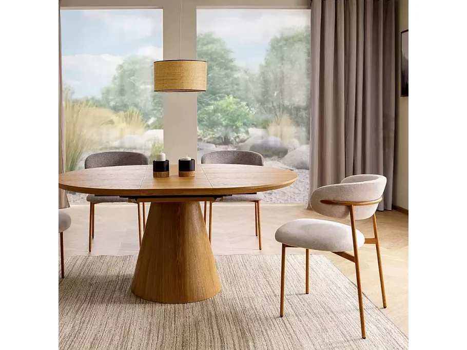 Chaise tissu en beige structure métal effet chêne dossier arrondi JONAZ