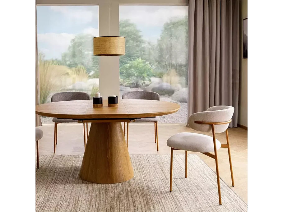 Chaise tissu en beige structure métal effet chêne dossier arrondi JONAZ